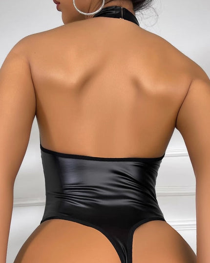 ZASUWA Female Sexy Sheer Mesh PU Cutout Bodysuit
