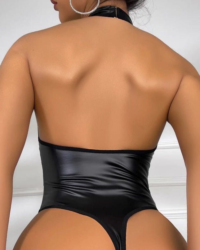 ZASUWA Female Sexy Sheer Mesh PU Cutout Bodysuit