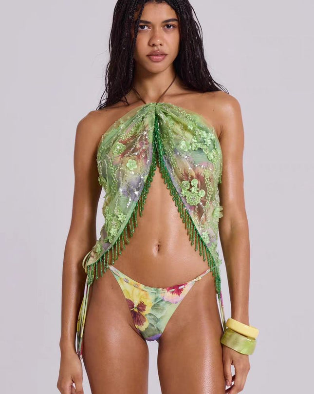 ZASUWA Female Sexy Flower Sequin Tassel Mesh 3-Pieces Lace-up Bikini Set