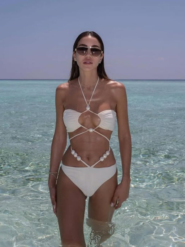 ZASUWA Female Solid Color Pearl Lace-up Hollow Out 3-Pieces Mesh Bikini Set