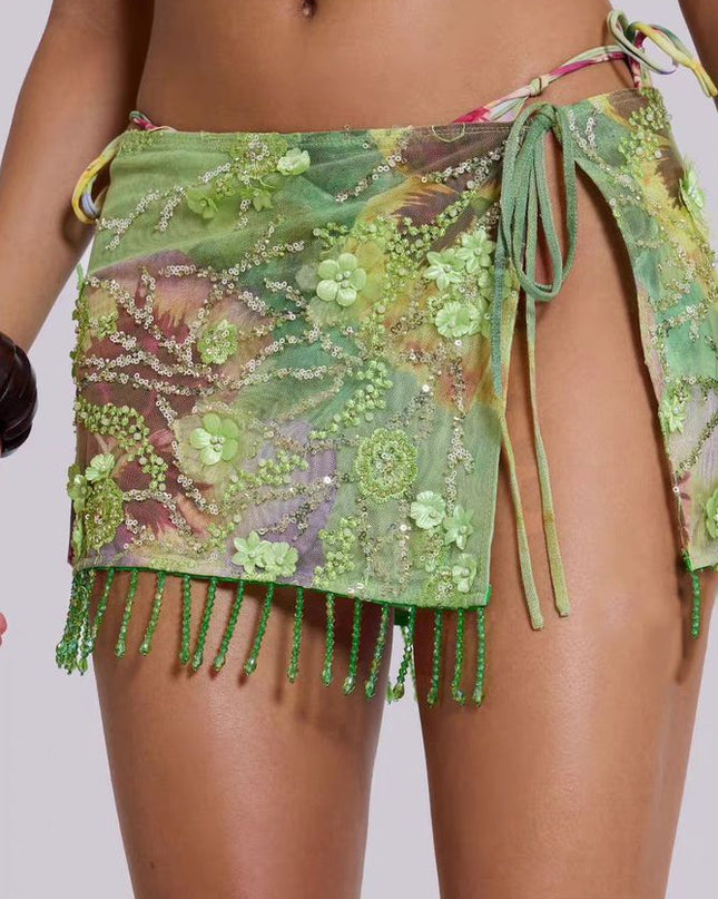 ZASUWA Female Sexy Flower Sequin Tassel Mesh 3-Pieces Lace-up Bikini Set