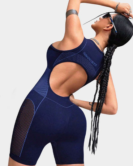 ZASUWA Female Hollow Out Net Zipper Push Up Design Elastic Tight Romper