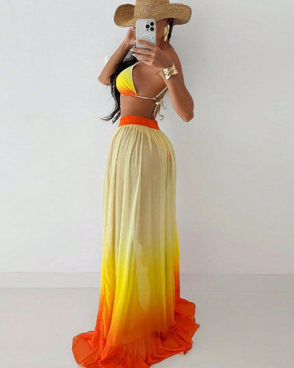 ZASUWA Female Gradient Contrast Color Flounce Mesh 3-Pieces Bikini Set