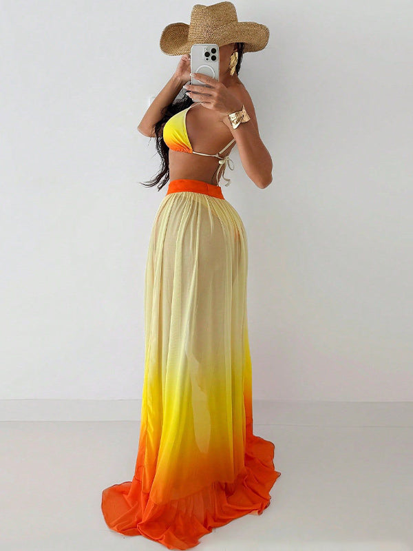 ZASUWA Female Gradient Contrast Color Flounce Mesh 3-Pieces Bikini Set