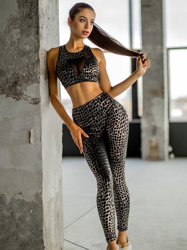ZASUWA Female Leopard Print Round Neck Mesh Quick Dry Tracksuits