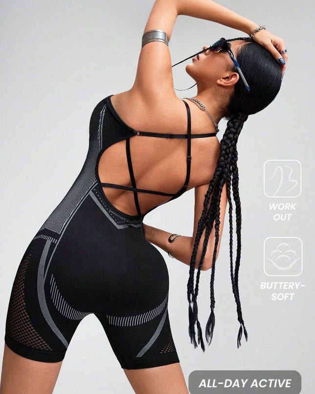 ZASUWA Female Hollow Out Net Cross Back Elastic Tight Romper