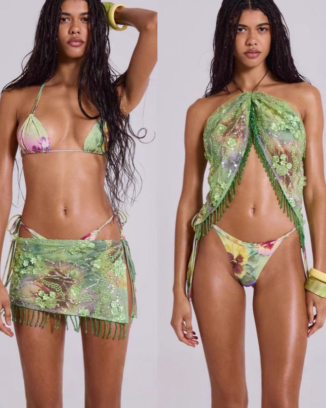 ZASUWA Female Sexy Flower Sequin Tassel Mesh 3-Pieces Lace-up Bikini Set