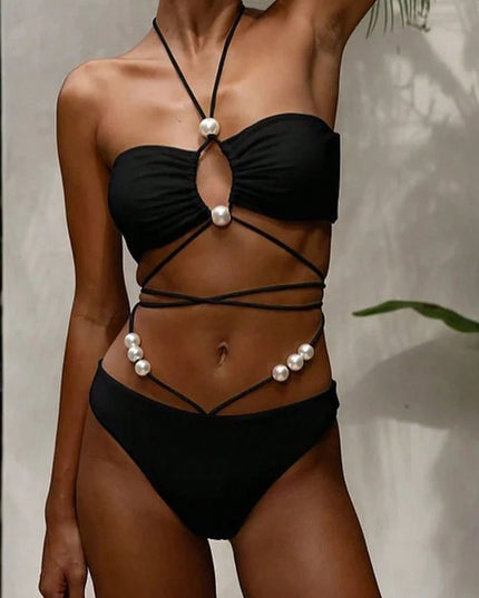 ZASUWA Female Solid Color Pearl Lace-up Hollow Out 3-Pieces Mesh Bikini Set