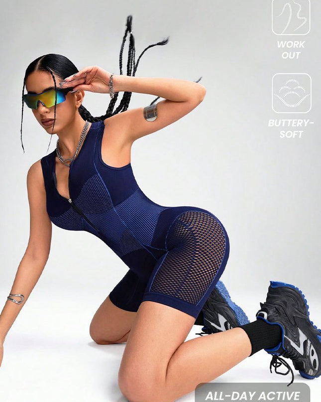 ZASUWA Female Hollow Out Net Zipper Push Up Design Elastic Tight Romper