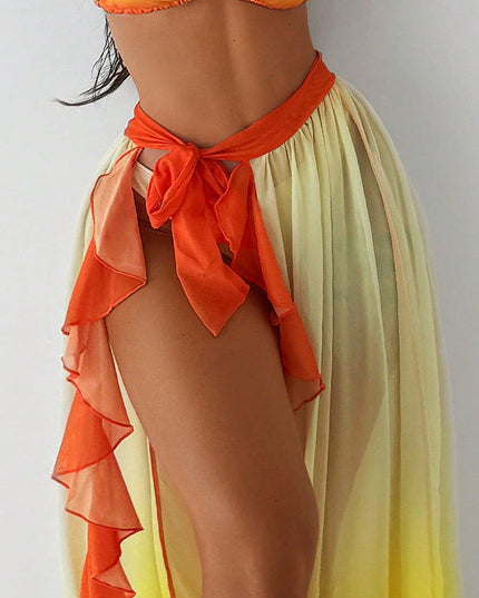 ZASUWA Female Gradient Contrast Color Flounce Mesh 3-Pieces Bikini Set