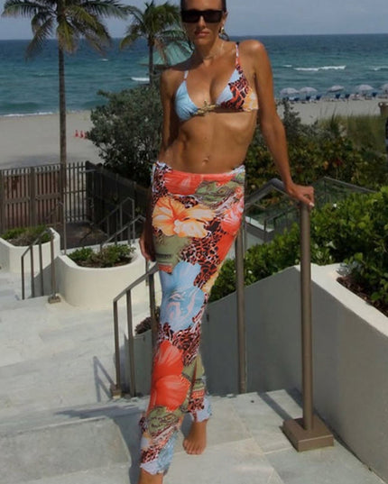 ZASUWA Female Sexy Backless Flowers Print Mesh 3-Pieces Bikini Set