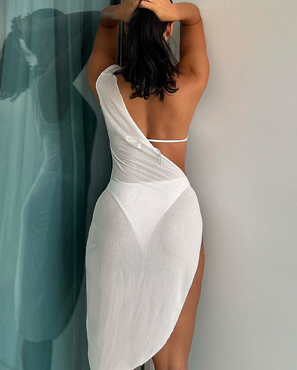 ZASUWA Female Solid Color Backless Mesh 3-piece Bikini Set