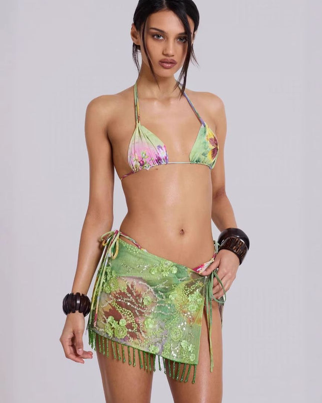 ZASUWA Female Sexy Flower Sequin Tassel Mesh 3-Pieces Lace-up Bikini Set