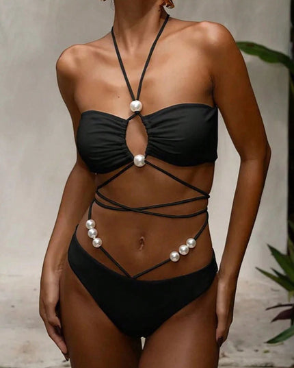 ZASUWA Female Solid Color Pearl Lace-up Hollow Out 3-Pieces Mesh Bikini Set