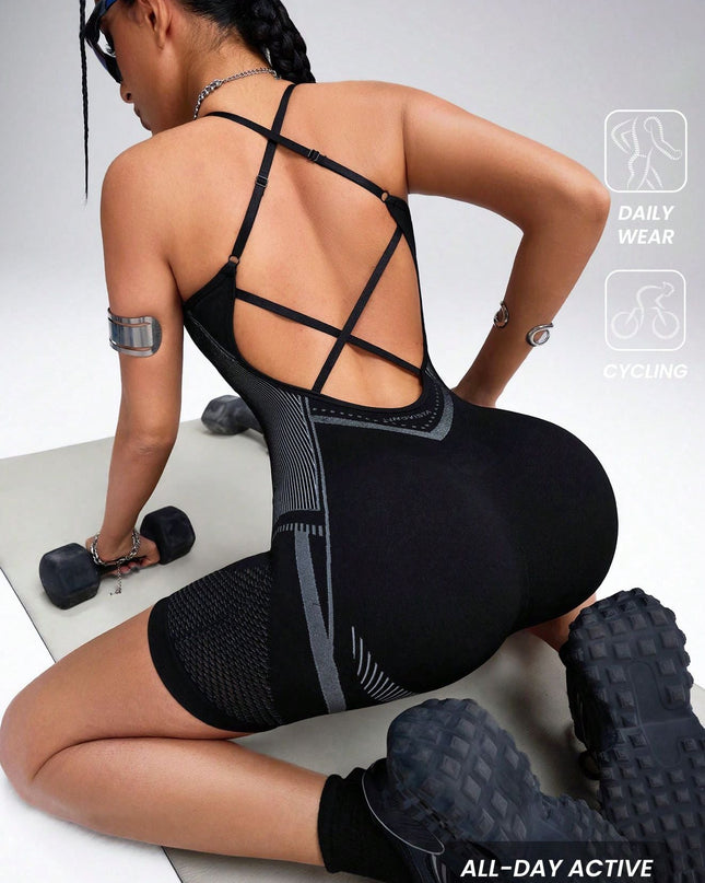 ZASUWA Female Hollow Out Net Cross Back Elastic Tight Romper