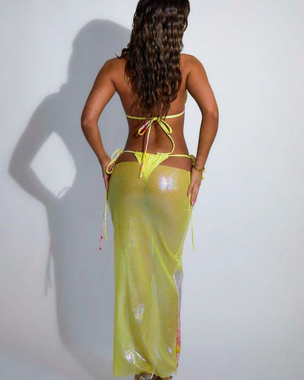 ZASUWA Female Unique Glossy Mesh Flower Print with Metal Ring 3-Pieces Bikini Set