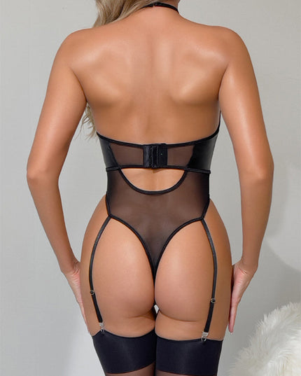 ZASUWA Female Sexy Sheer Mesh PU Cutout Bodysuit