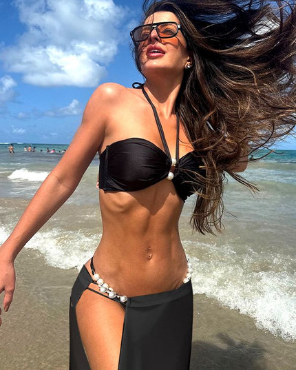 ZASUWA Female Halter Lace-up Hollow Out with Pearl 3 Pieces Bikini Set