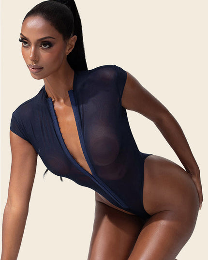 ZASUWA Female Sexy Mesh Metal Buckle Short Bodysuit
