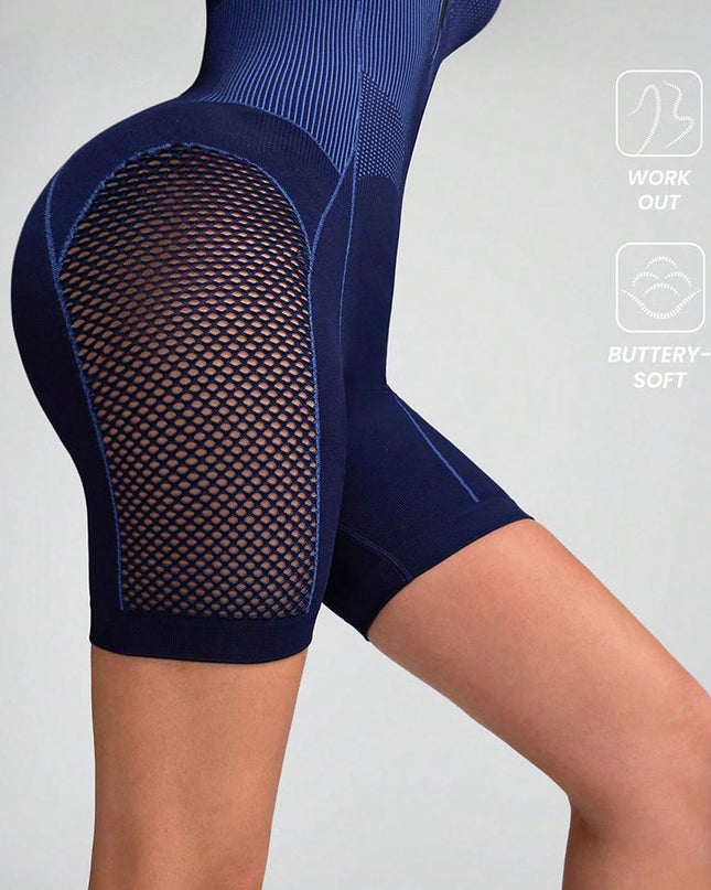 ZASUWA Female Hollow Out Net Zipper Push Up Design Elastic Tight Romper
