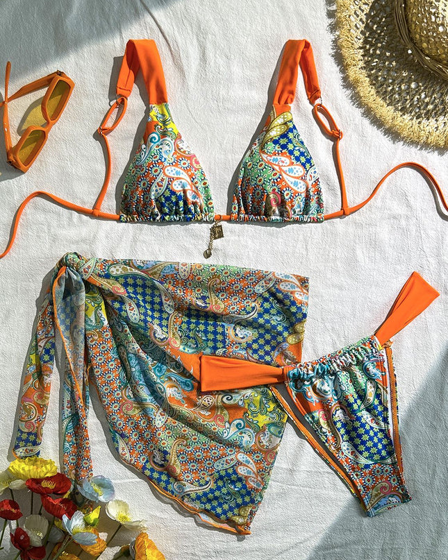 ZASUWA Female Sexy Flowers Print Contrast Color Mesh 3-Pieces Bikini Set