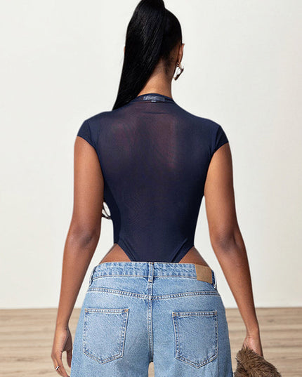 ZASUWA Female Sexy Mesh Metal Buckle Short Bodysuit