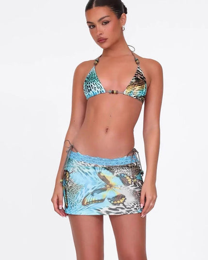 ZASUWA Female Sexy Leopard Butterfly Print Mesh 3-Pieces Lace-up Bikini Set