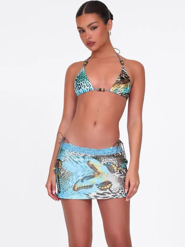ZASUWA Female Sexy Leopard Butterfly Print Mesh 3-Pieces Lace-up Bikini Set
