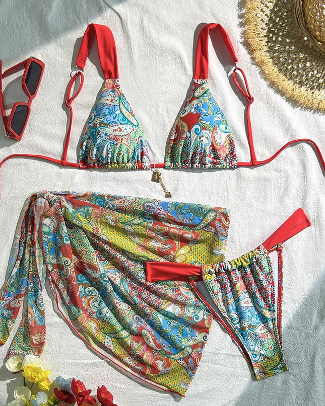 ZASUWA Female Sexy Flowers Print Contrast Color Mesh 3-Pieces Bikini Set