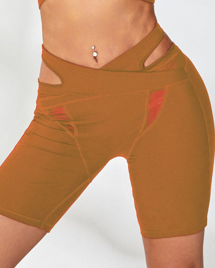 ZASUWA Female Ribbed Cutout Mesh Spandex Gym Booty Shorts