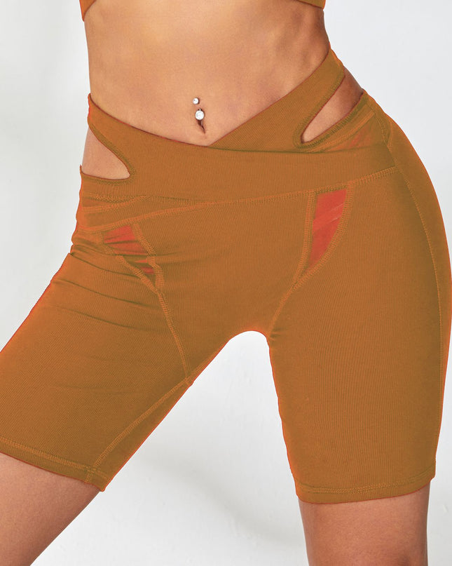 ZASUWA Female Ribbed Cutout Mesh Spandex Gym Booty Shorts