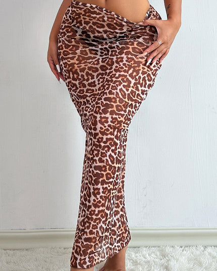 ZASUWA Female Sexy Sheer Mesh Leopard Print Without Bikini Set Swimwear Cover Dress