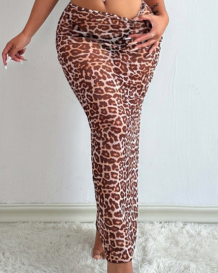 ZASUWA Female Sexy Sheer Mesh Leopard Print Without Bikini Set Swimwear Cover Dress