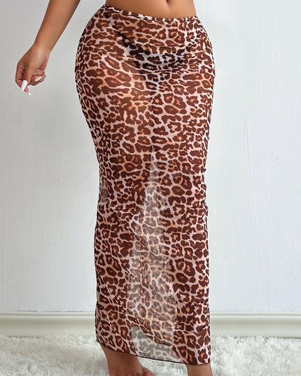 ZASUWA Female Sexy Sheer Mesh Leopard Print Without Bikini Set Swimwear Cover Dress