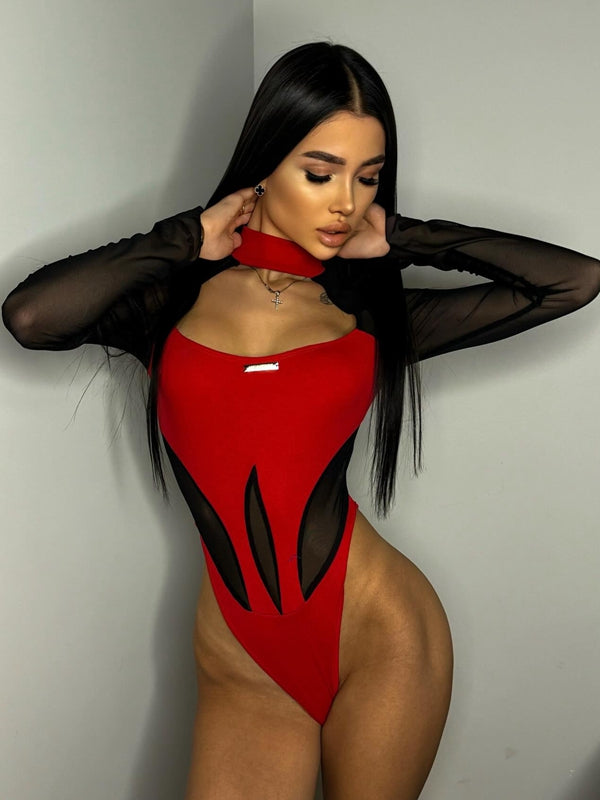 ZASUWA Female Sexy Sheer Mesh Elastic Tight Bodysuit